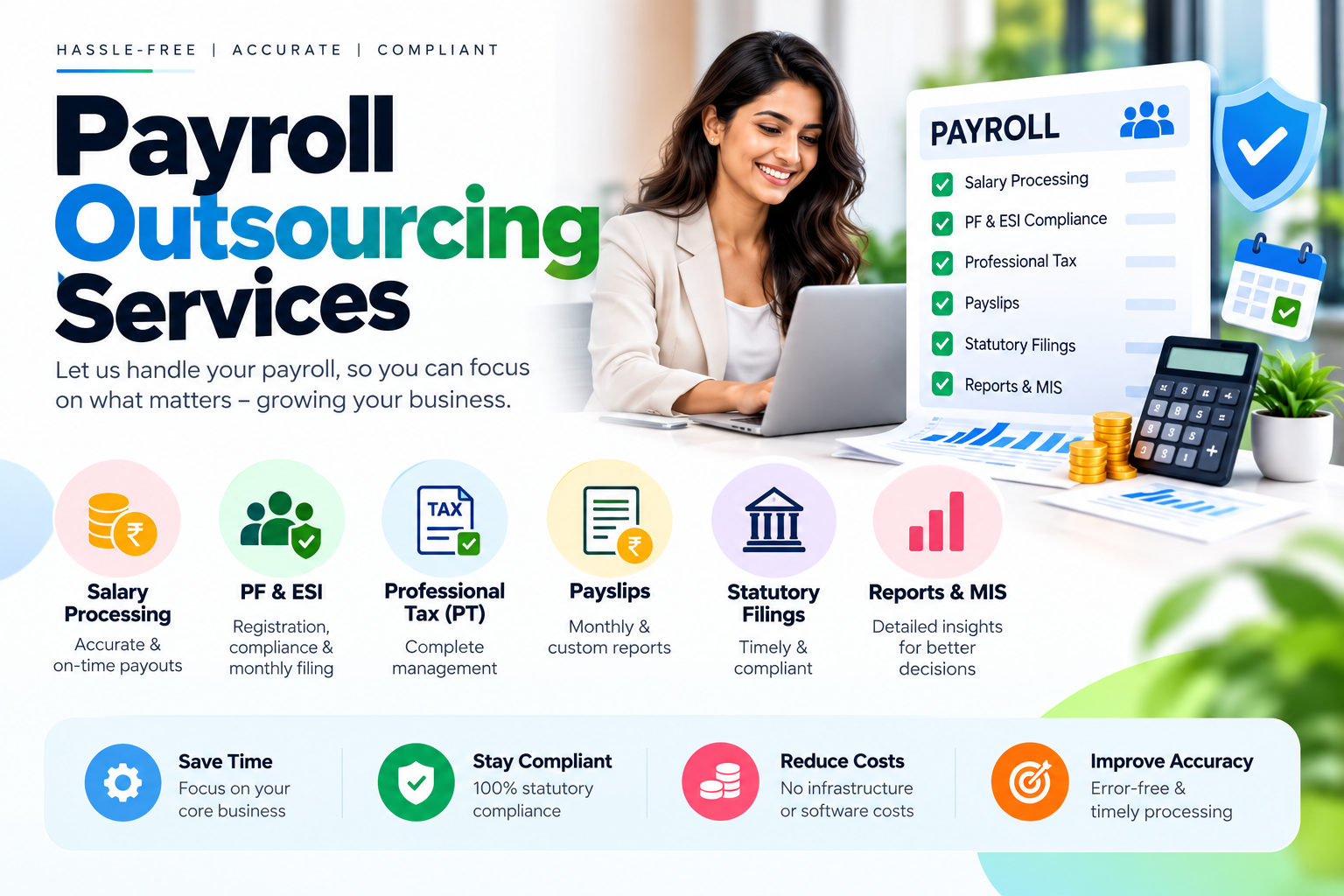 Payroll outsourcing services — salary processing, PF and ESI, professional tax, payslips, statutory filings and MIS reports